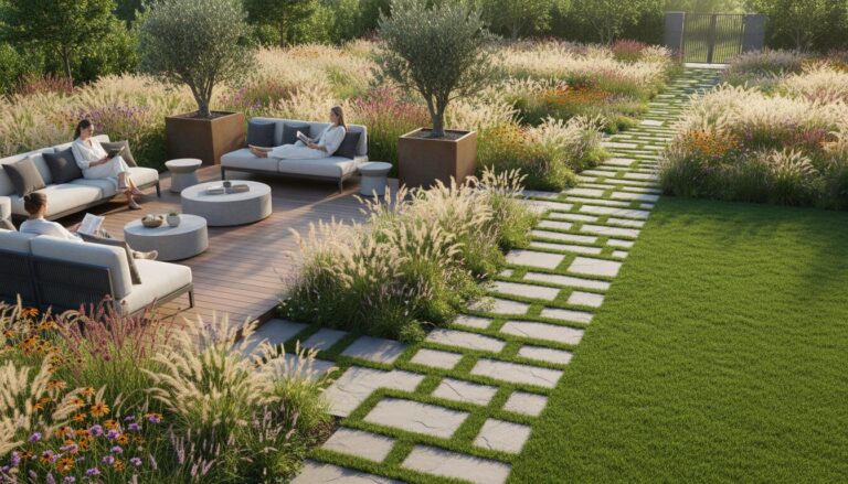 Træterrasse omgivet af blomstrende græs